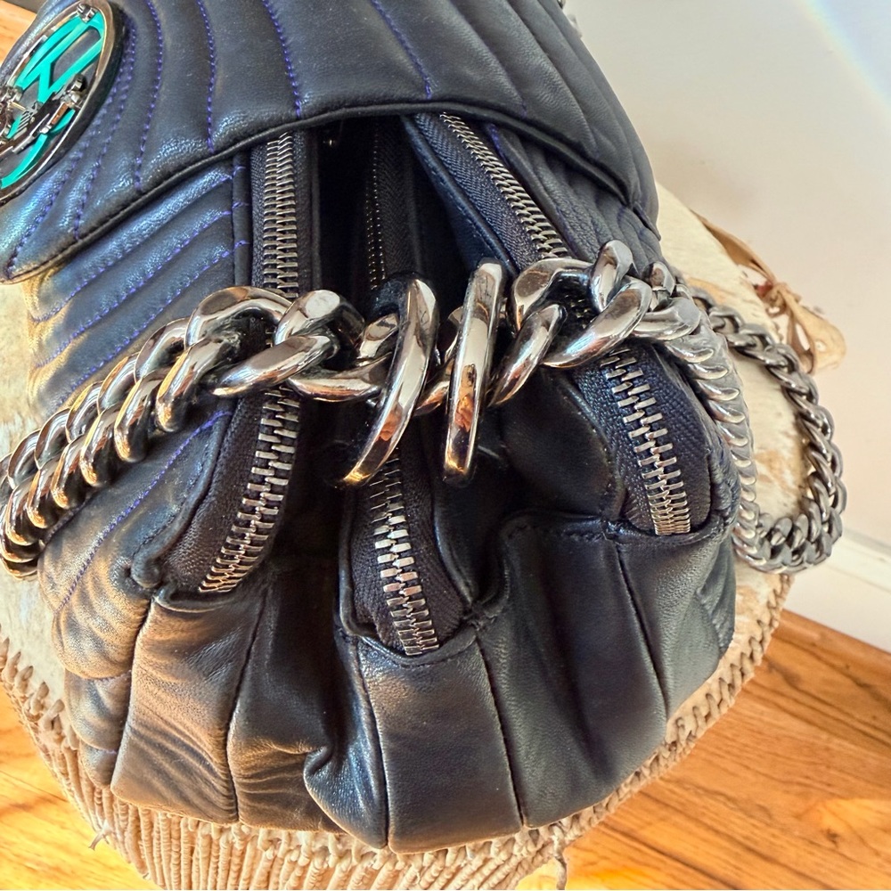 RARE Henri BENDEL No.7 Quilted Leather Shoulder Bag Pop Mix Black Multi Girl Dog - Picture 8 of 16